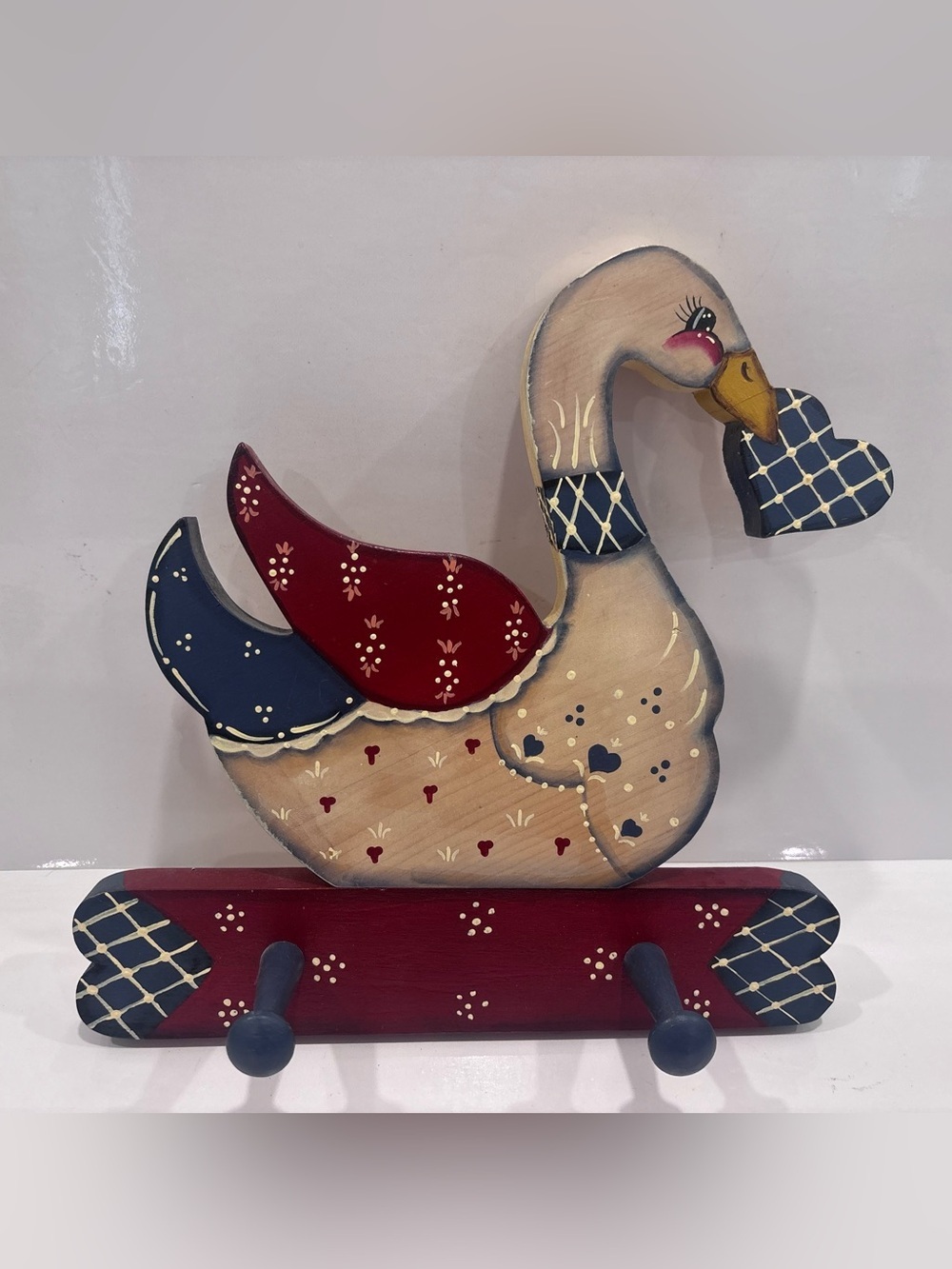 Vintage Hand-Painted Wooden Goose Wall Hook - Red, Navy & Cream folk art
